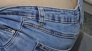 Step mom without panties under jeans in frot of step son
