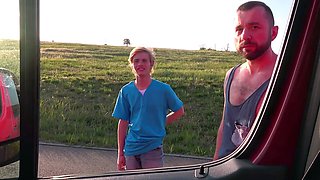 Father and stepson fucking a slut in the van