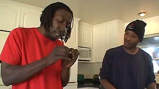 Blonde lady wearing high heels gets double penetrated in interracial threesome