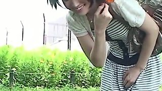 Skinny Japanese Girl Walks with a Toy Inside Her Bush Before Sucking a Man