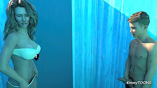 Milf stepmom Kimmytoons helps her young neighbor with some solo fun in the shower