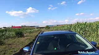 Curvy MILF gives him a blowjob for money in front of his car