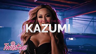 Watch curvy blonde Kazumi finger herself before double-stuffed dildo insertion