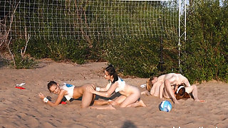 Seductive hot lesbians cums together on beach heavily