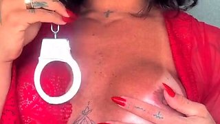 Busty curly brunette with big boobs fucks on couch