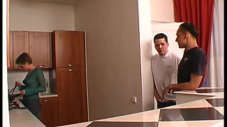 Pussy licking pussy fingering food fetish threesome in the kitchen