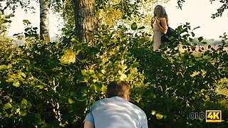 Old4k. thin has xxx with old fellow who ejaculates on glasses outdoors