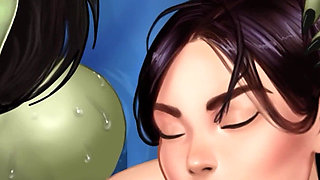 Hot Threesome Sex with a Muscular Big Boobs Orc Woman and a Hot Asian MILF - Cartoon Animated Porn Game - What a Legend!