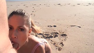 Rebecca Volpetti sucks cock on the beach and takes messy outdoor facial