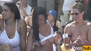 Real adventures sequence with big and small tits, mom dancing in a wet t-shirt at a nudist gathering