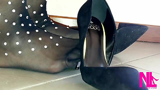 Sensual Dangling and Seducing in Black Wolford Pantyhose and Black Pumps with Metal Heels