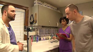 Nurse Jasmine Barnes fucks with a guy in his room, showcasing her 34c curves.