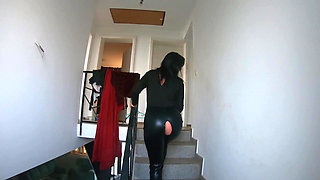 Smoking Leather Dance. Ripped Jumpsuit Pussy Tease, Toilet Pee and Dirty Masturbation