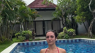 Morning Fitness in Hot Bikini, Sweating, Swimming