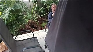 Stepbrother Fucks Me Tight Pussy While Dad Watches and Masturbates Outside in Garden