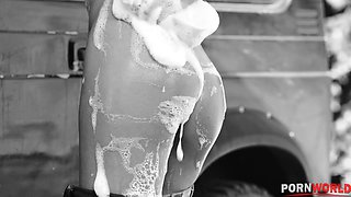 Studs Stretch Out Sexy Car Washer Zlata Shine in Hot DP GP2310