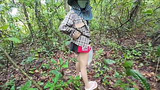 Thai girl walks and brags about picking mushrooms anyway, peeing in the forest Thai Voice