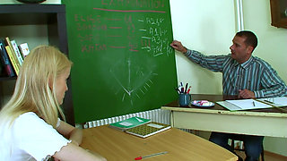 Skinny girl sucks teachers massive cock then gets it into her cunt