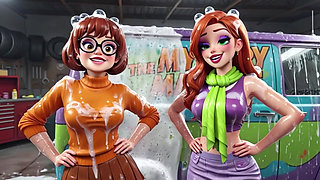 Velma and Daphne Enjoy a Sensual Soapy Nude Car Wash Cleaning the Classic Mystery Machine Van Thoroughly