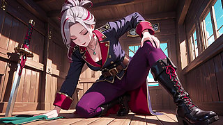 Silver-Haired Pirate Queen! Sun-drenched ship cabin, navy uniform slightly damp, kneeling with a teasing gaze.