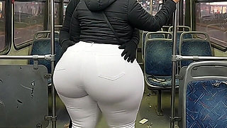 Big Ass Latina in Tight White Pants on the Bus Ends in White Thong