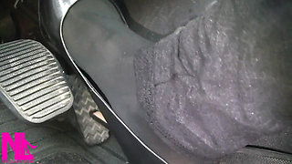 Pedal Pumping in Black Pantyhose and Grey Patent High Heels