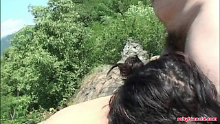 Italian Amateur, Hairy Slut Takes Two Cocks Outdoors