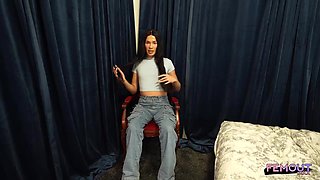 FEMOUT HARDCORE - Slender Dark haired Trans Chick Uses Rosy Electro-hitachi While Dressed in Sheer Stockings