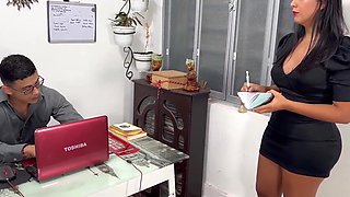 Sexy latina secretary gets called by her boss to give him a deep blowjob and swallow his cum