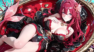 Forbidden Feast in the Underwater Palace, Black and Red Kimono Slightly Wet.