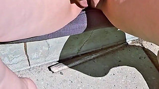 Horny mature outdoors in summer dress and no knickers  spreads to catch the sun rays on her big meaty bald cunt lips