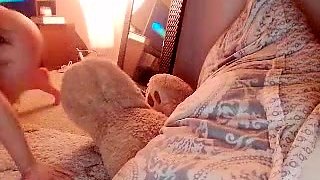 Busty curly brunette with big boobs fucks on couch