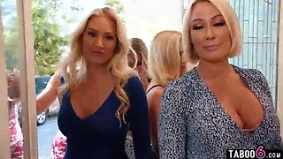 Five Blonde MILFs Pound One Young Guy in Reverse Gangbang