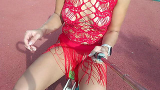 Public Flashing of Pussy and Tits in a Lace Outfit