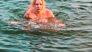 POV. You Watch as a Busty Model, of Your Presence, Strips Naked on the Beach, Bathes, and Plays in the Sand.