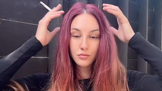 Smoking Outdoor Along Hair Fetish and Boobs Flash