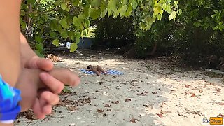 Public Pickup Stepmom and Stepdaughter on Beach - Risky Dick Flashing