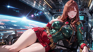 Redhead Commander in Green Sci-fi Uniform! Lazy, Teasing Vibes While Playing with Candlelight on the Spaceship Bridge.
