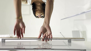 Petite brunette babe in light hot mini skirt gets bored and ignored in the bathroom