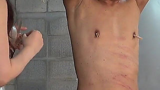 Clamps Lots of Clip Around Dick and Balls and Uses Various Whips to Knock Them off, It's Fun Time for Cosplayer Girl