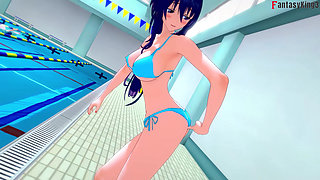 Rias & Akeno Thresome while phonecall and Akeno fucked in public Pool - DXD NTR Madness Series