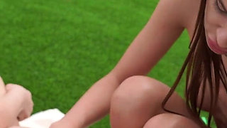 Hot Teens Playing with Oil and Huge Toy