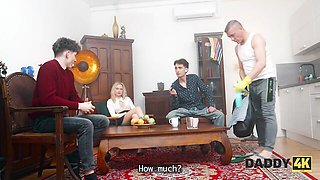 Blonde Kneels Open Mouth for Two Cocks