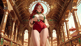 Lazy Seduction in the Desert Palace, Green and Red Tight Bodysuit Hugging Her Curves.
