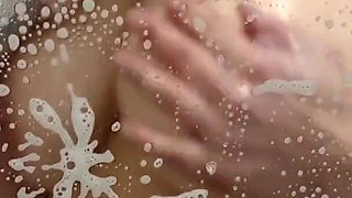 Pushing Boobs to Glass Door