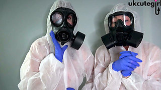 Gas Mask Nurses Give Hands-on Latex Glove Medical Treatment