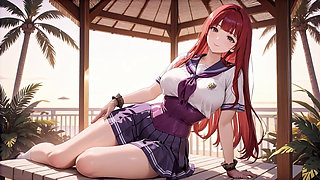 Tropical Beach Gazebo Redhead Sailor Uniform Beauty Seduction Blowjob to Doggy Massive Creamy Ass Finish