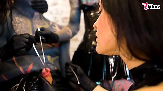 Trio aggressive latex princesses destroy tattooed sub with deep sounding & urethral masturbating