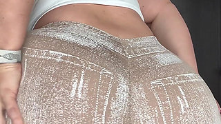Busty Blonde MILF Striptease: Stripping Out of Skintight Pants & White Thong for Naked Pussy Play