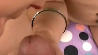 Brunette Bridgette Powell mouth fucks big cock for the first time